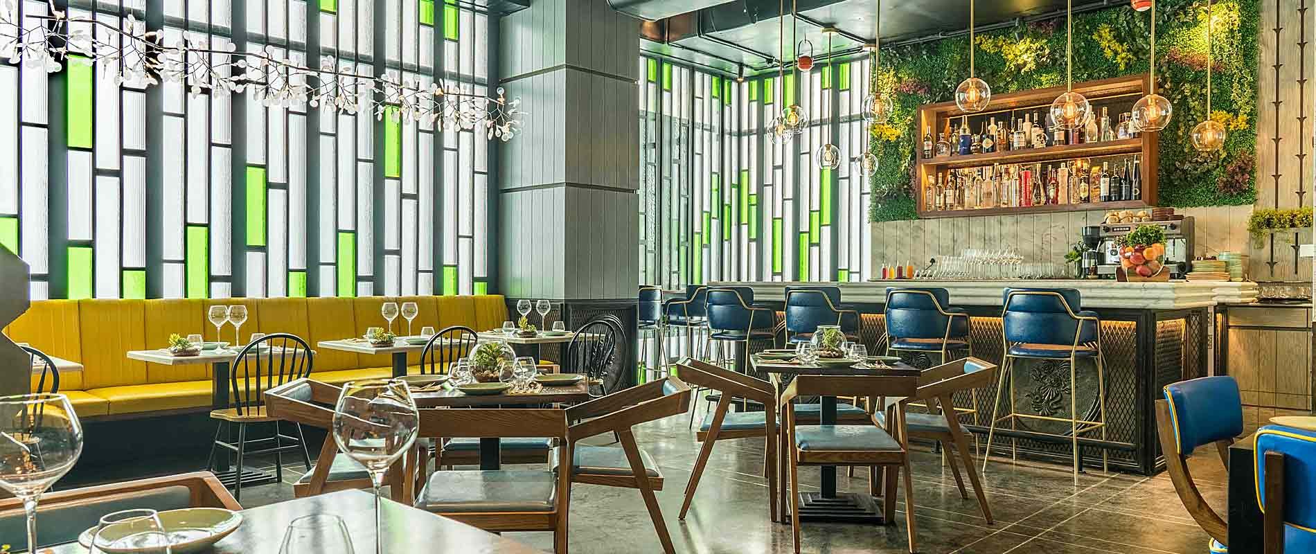 Candy and green vegetarian restaurant interior design, Vegetarian hotel interior design, Mumbai’s best hospitality interior design firm, Best Restaurant architects