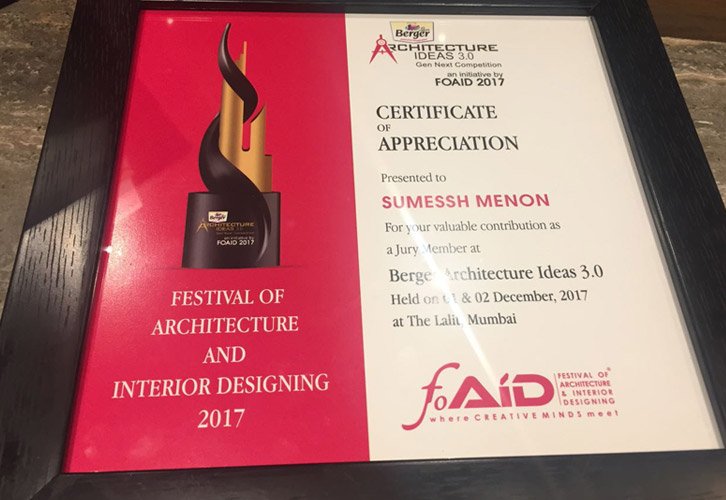 Festival of Architecture, Awards, Top 10 architects awards, Interior designer 2017 award, Indian Hospitality Design Firm, Sumessh Menon Associates, Interior Design firm, Restaurant interior, Mumbai, architect