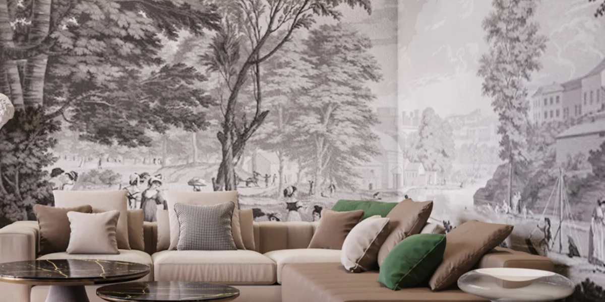 Luxury lounge featuring a monochrome forest mural and modular seating, designed by Sumessh Menon Associates.